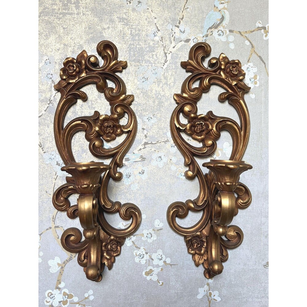 VTG Homco Gold Wall Sconces Candle Holders Floral Ornate Rococo Set Pair